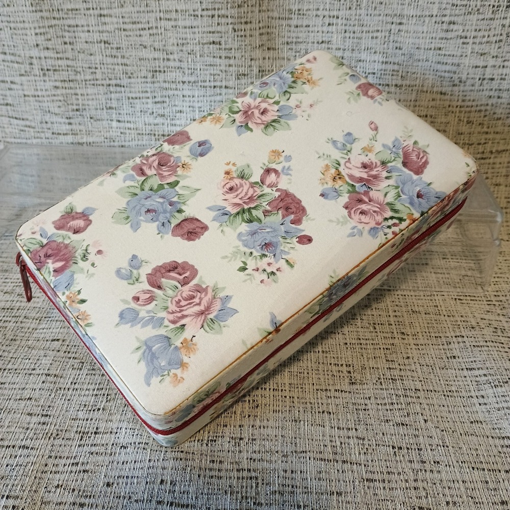 Vtg Floral Jewelry Travel Case Zippered Rose Print Organizer Cottagecore 1990's